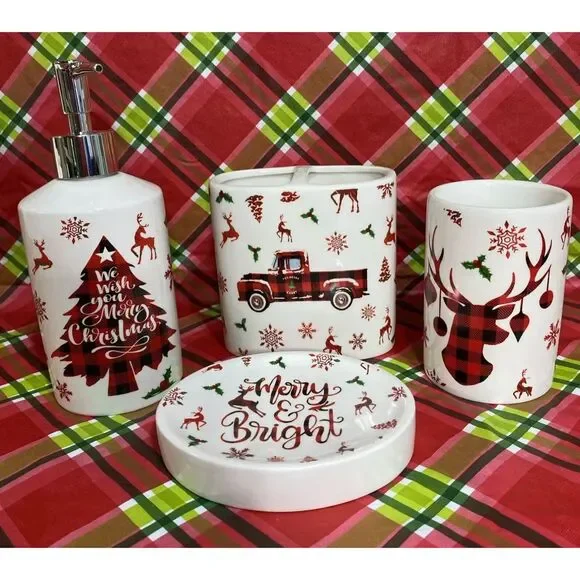 Christmas Bathroom Accessory Sets of 4, Reindeer Christmas Bathroom Decor - Picture 2 of 9